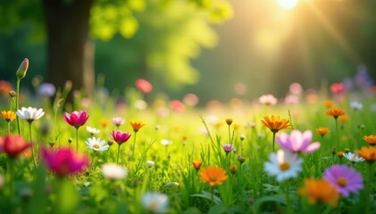 Vibrant wildflowers in lush meadow, sunlight dappled, rural, ecology