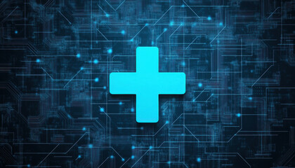 Obraz premium Digital healthcare background with glowing blue cross symbol and circuits
