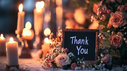 A close-up of a "Thank You" sign with flowers and candles for a heartfelt gesture.