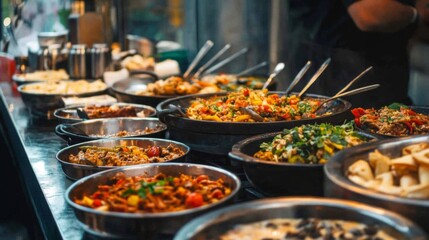 Obraz premium A vibrant display of assorted dishes fills the table. Colorful plates invite food lovers to explore diverse flavors. Discover the joy of culinary arts. Generative AI