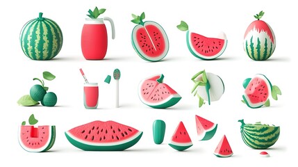Juicy Watermelon 3D Render Set: Summer Fruit Illustrations for Design Projects AI Generated