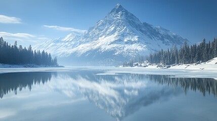 Majestic snowy mountain reflection shimmering in icy lake serene winter scenery peaceful landscape panoramic view untouched nature