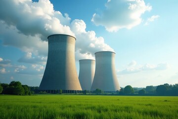 Giant cooling towers emit vapor against vibrant green landscape, steam, structures, renewable energy