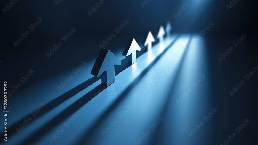 Poster abstract representation of upward arrows casting shadows in a dimly lit environment