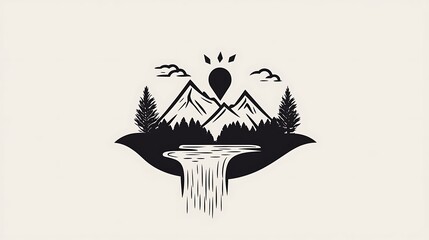 Naklejka premium Monochrome Hand-Drawn Illustration: Mountain Lake and Waterfall at Sunrise AI Generated
