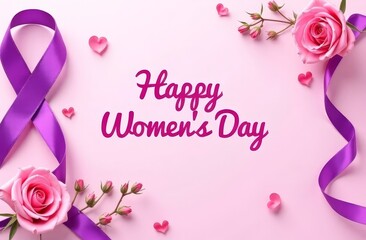 International Women's Day, featuring pink background, roses, and ribbons. Text "Happy Women's Day"