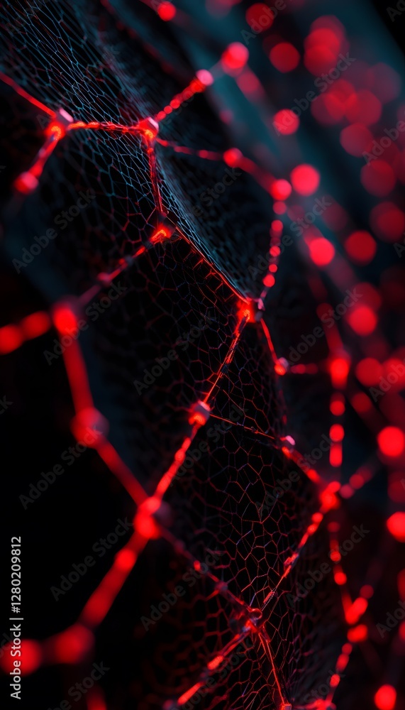 Poster a close up image of a glowing red spider web