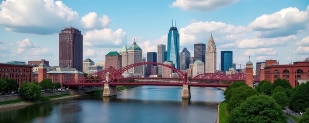Sweeping view of Cincinnati's downtown & Roebling Bridge, city, landscape