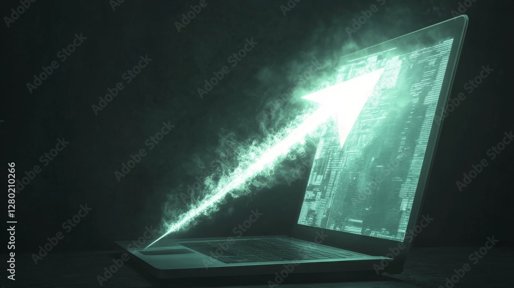 Poster glowing arrow overlaying laptop screen with dynamic visual effects
