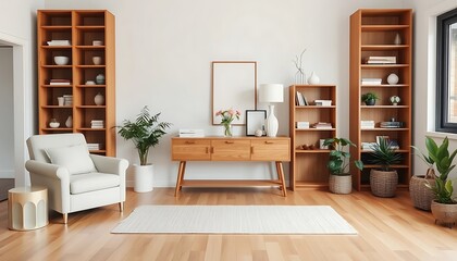 Fototapeta premium Modern cozy living room with wooden bookshelves, stylish armchair, indoor plants, and minimalist decor, perfect for a peaceful reading corner.