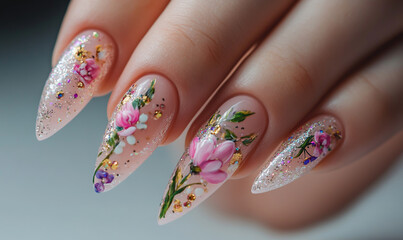 A set of elegant, long nails with floral designs and glitter, in a light pink color.
