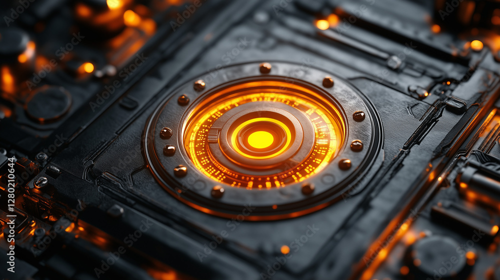 Poster close-up of a glowing core within a dark, circular, futuristic device with intricate details. sci-fi