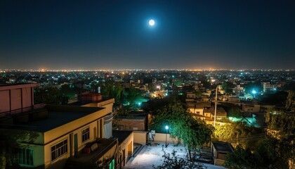 Elevated Night View of City with Full Moon