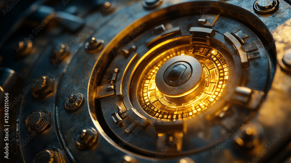 Poster close-up of a glowing core within a dark, circular, futuristic device with intricate details. sci-fi