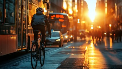 cyclist on bike is riding on the road with cars and buses at sunset 