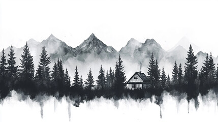 A black and white landscape drawing shows mountains and trees reflected in water.