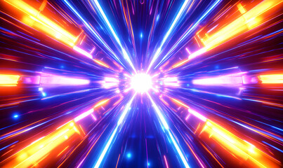 Vibrant neon light streaks converge at a central point, creating a dynamic, futuristic tunnel effect. Perfect for backgrounds, technology, and science projects.