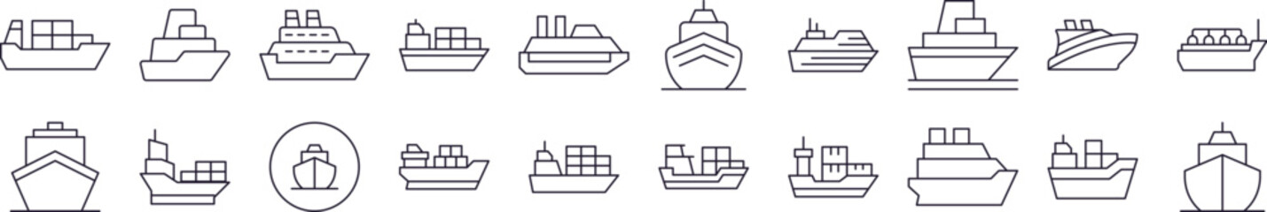 Passenger, Cargo and Cruise ShipeOutline Simple Linear Image Collection. Editable Stroke. Perfect for Web Sites, Books, Cards, Apps