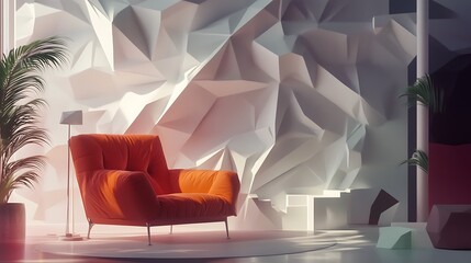 Modern interior design, orange armchair, geometric wall, sunlit room, interior design scene