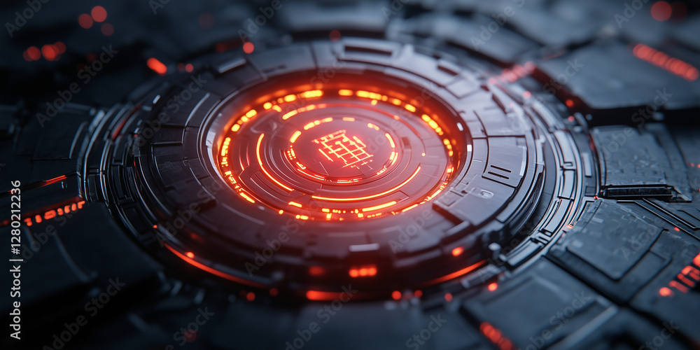 Poster close-up of a glowing core within a dark, circular, futuristic device with intricate details. sci-fi
