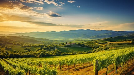Naklejka premium Tuscan sunset painting the rolling hills with vibrant green vineyards, bathed in warm golden light and a tranquil, peaceful atmosphere.