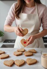 A person baking heart-shaped cookies in a kitchen, portraying the act of love through homemade gestures.