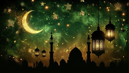 Golden Crescent Moon and Stars Over Silhouetted Mosques at Night
