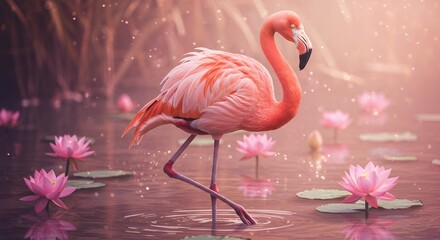 Pink Flamingo Walking Among Lotus Flowers in Dreamy Water Garden Scene