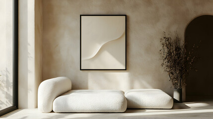 Minimalist, japandi interior design of modern living room. Boucle sofa near stucco wall with abstract wall art frame.