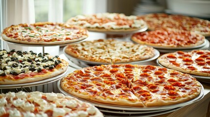 A variety of pizzas on a table at a party or gathering.