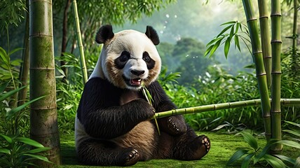 Obraz premium A giant panda eating bamboo in a lush green forest, ultra-realistic 3D rendering..