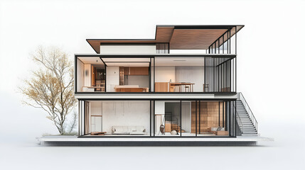 Modern home cross section, 3d rendering