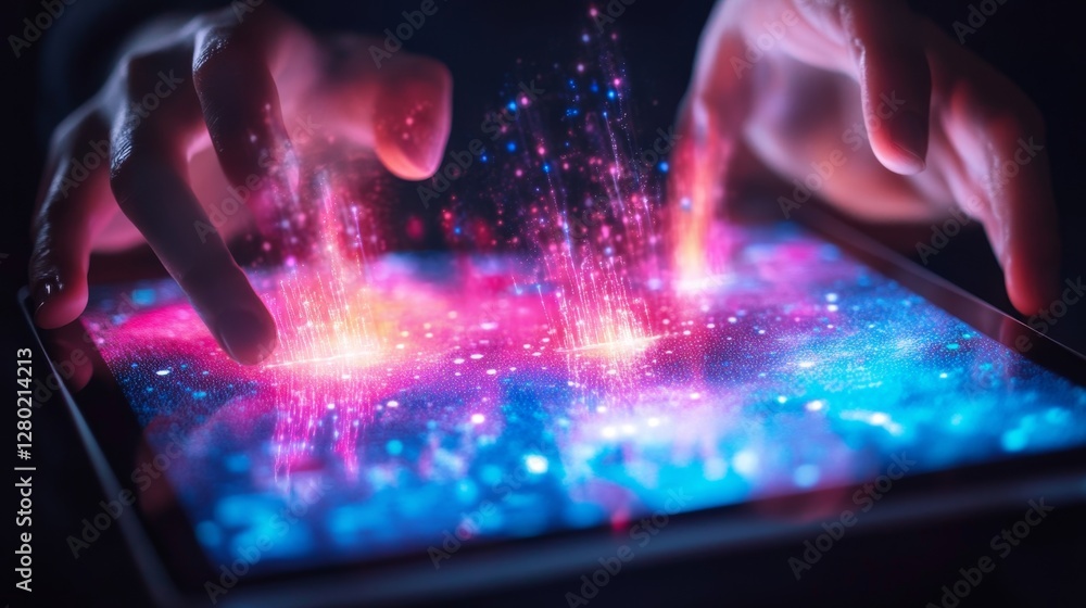 Poster creative digital interaction with tablet in futuristic setting