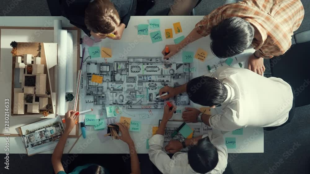 Poster top aerial view of project manager or civil engineer writing at blueprint and planning building desi