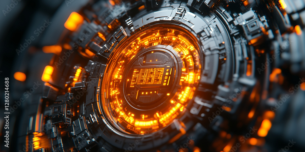 Poster close-up of a glowing core within a dark, circular, futuristic device with intricate details. sci-fi