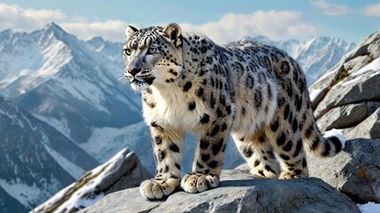A snow leopard standing on a rocky cliff, hyper-realistic 3D rendering, snowy mountains in background
