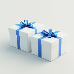 Obraz premium 3D Rendering of Two White Gift Boxes with Blue Ribbon on Isolated Background, Ideal for Birthdays, Valentine's Day, and Various Events or Celebrations, High-Resolution Realistic Illustration