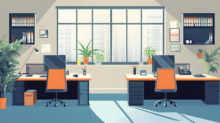 Fototapeta premium Modern office interior with two desks and computers. AI generate image