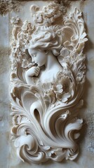 Realistic Mold Design of a Serene Woman Surrounded by Floral Elements in Intricate Carving Detail