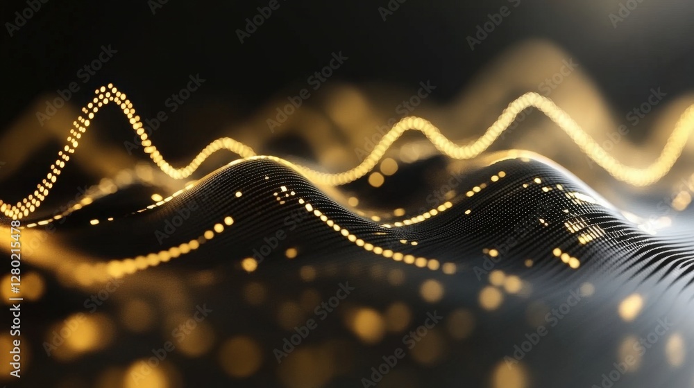 Poster abstract representation of sound waves in golden tones, creating a dynamic visual effect