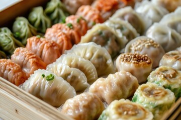 Delicious dim sum platter display authentic asian cuisine close-up photography vibrant restaurant environment gourmet experience
