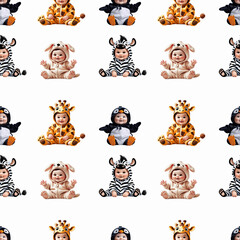 Cute babies in animal costumes posing against a white background showing friendship and playfulness