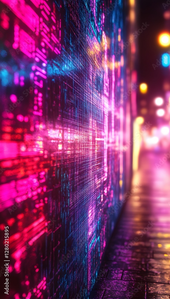 Poster a futuristic display wall shows complex data patterns in purple