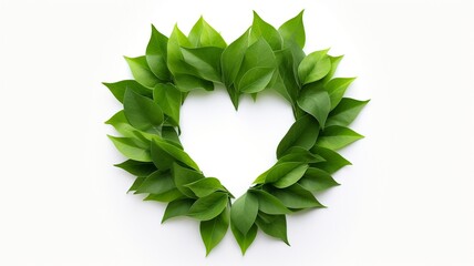 A vibrant heart of green leaves, symbolizing nature's love and environmental care, set against a clean white backdrop.