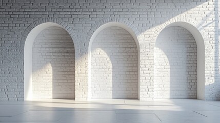 Three arches on a white brick wall in a minimalist interior, shot in studio light with a photography backdrop, creating a clean and hyper-realistic design, perfect for modern interior concepts.
