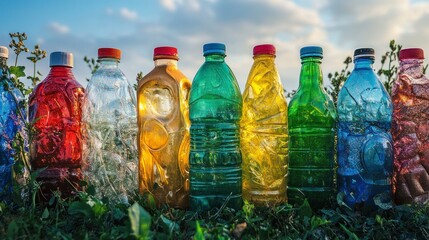 Colorful Plastic Bottles Displayed Outdoors Promoting Recycling Awareness and Sustainability Practices in Nature