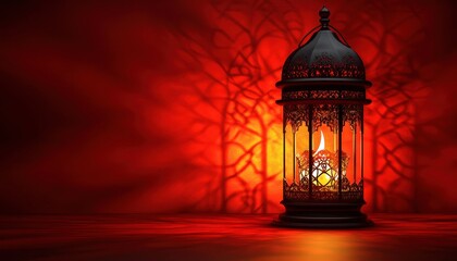 Ornamental Metal Lantern with Warm Glow Casting Shadows on Red Background