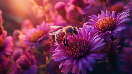 Obraz premium Western Honey Bee Pollinating Vibrant Flowers in a Garden Setting