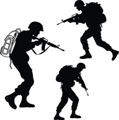 Naklejka premium Black Soldiers with Guns and Backpacks Silhouette, Vector Design