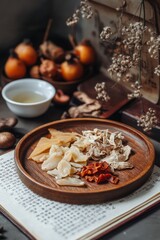 Dried Medicinal Herbs on Wooden Plate, Ancient Book Background